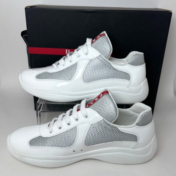 Prada Americas Cup Sneakers Women Bianco Argento Patent Leather Sneakers Size 40 - Picture 4 of 13